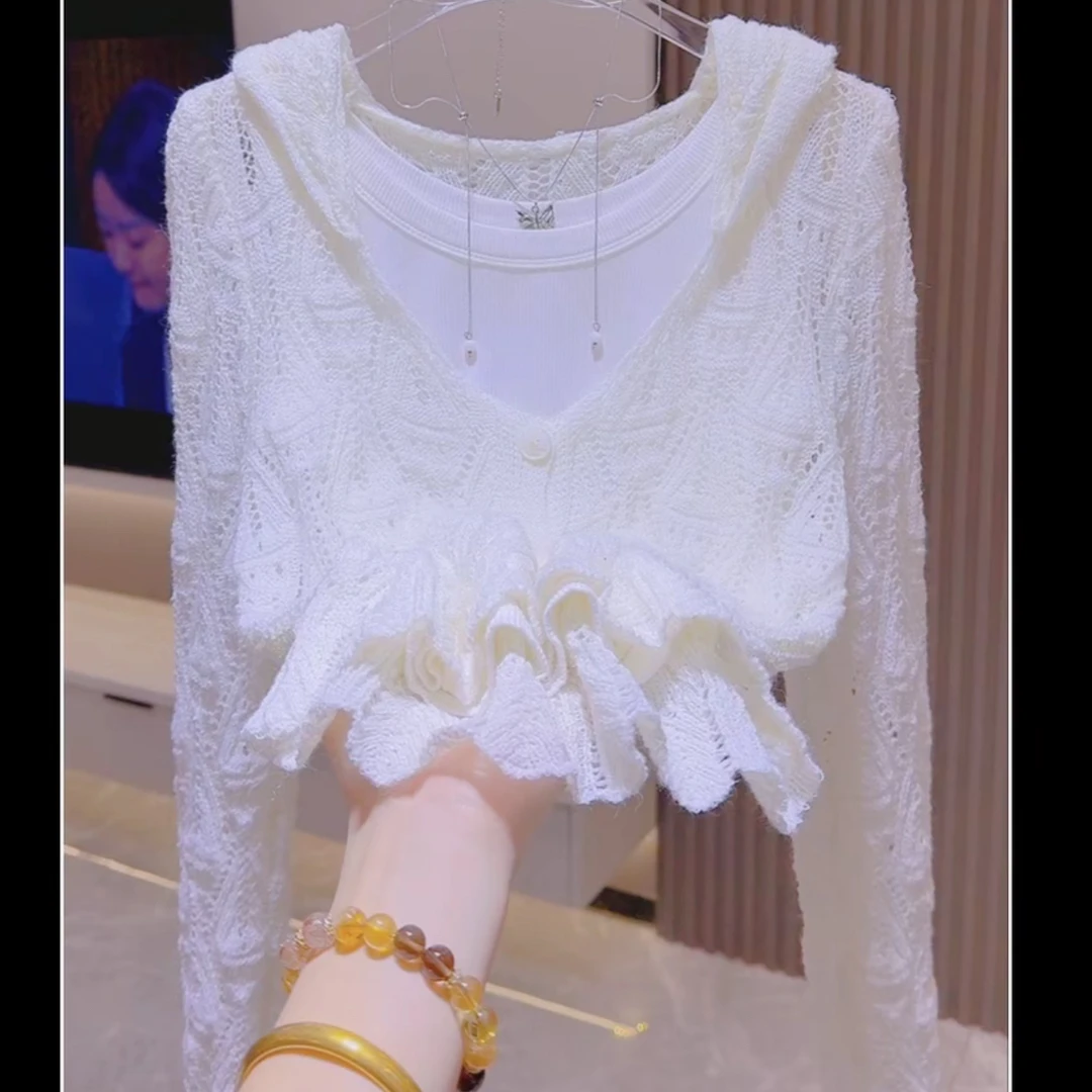 Xa126法式镂空连帽冰丝针织开衫女薄款罩衫