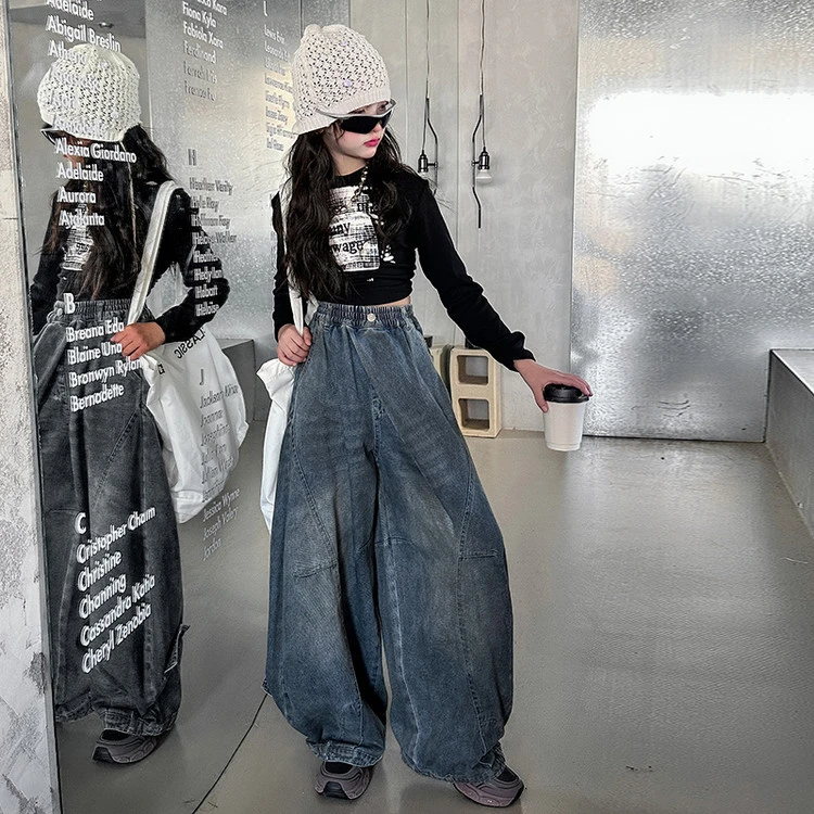 [麦哆哆」女童中大童春季百搭字母印花上衣个性牛仔脏脏裤套装潮