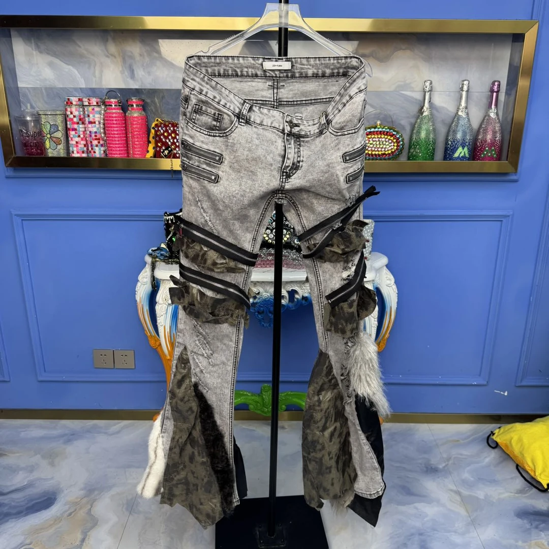 A80858 设计师香港潮牌拼接毛毛破洞设计直筒牛仔裤