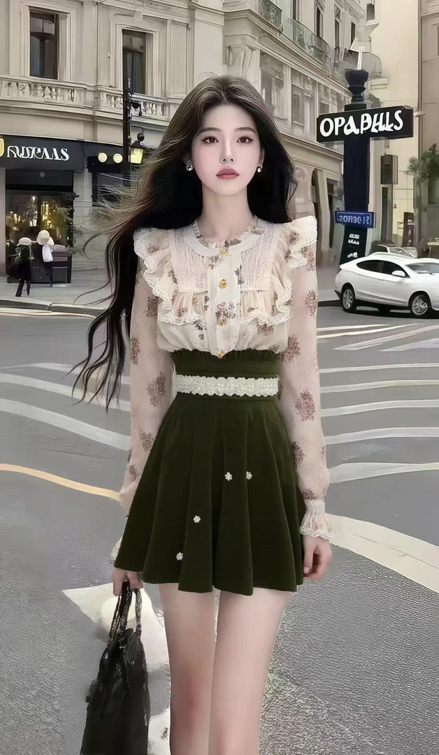 轻奢时尚温柔千金风碎花圆领长袖设计感上衣+绿色高腰半身裙套装