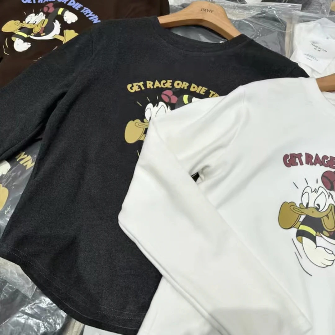 修身型加绒套头常规款情侣潮流女印花抗皱长袖T恤