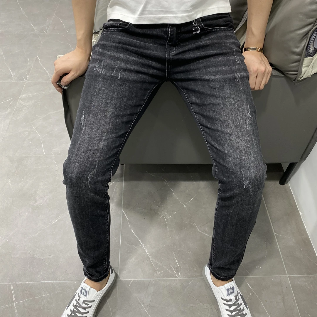 2025夏季薄款水洗弹力黑色九分牛仔裤男潮流时尚百搭韩版修身小脚