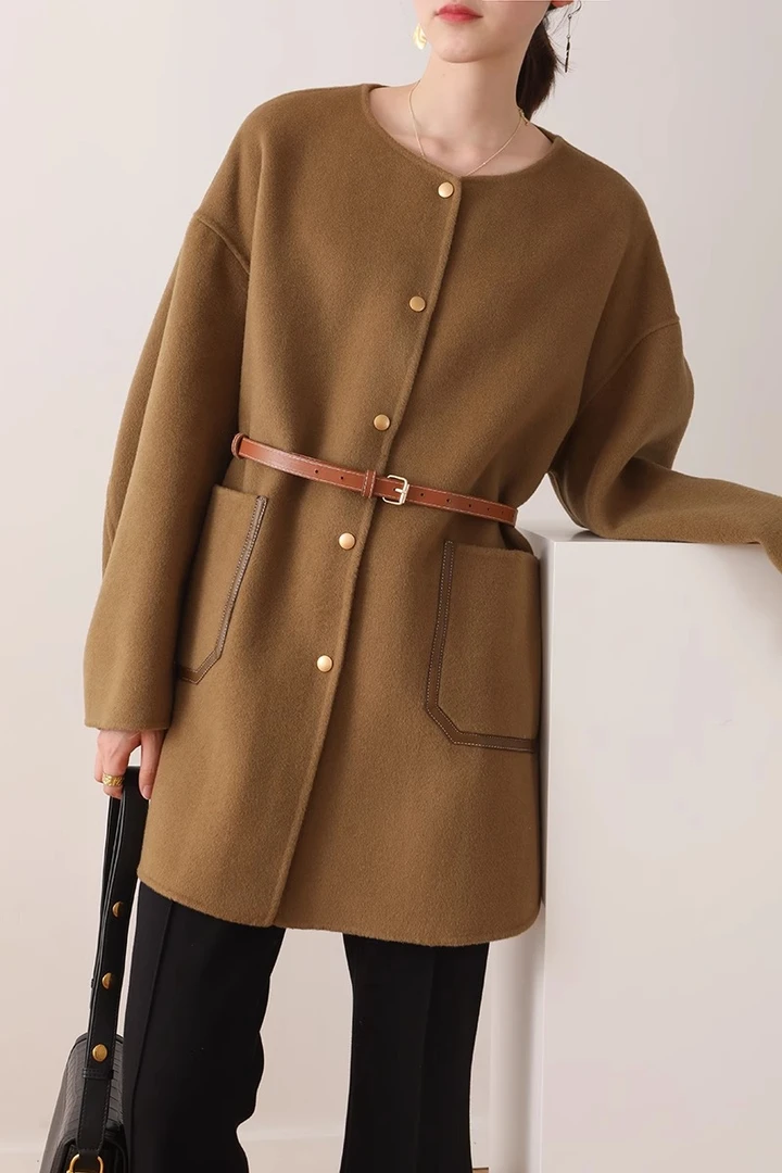 亦雯【黑茶花蕾】双面呢大衣女新款宽松遮肉百搭显瘦流行毛呢外套