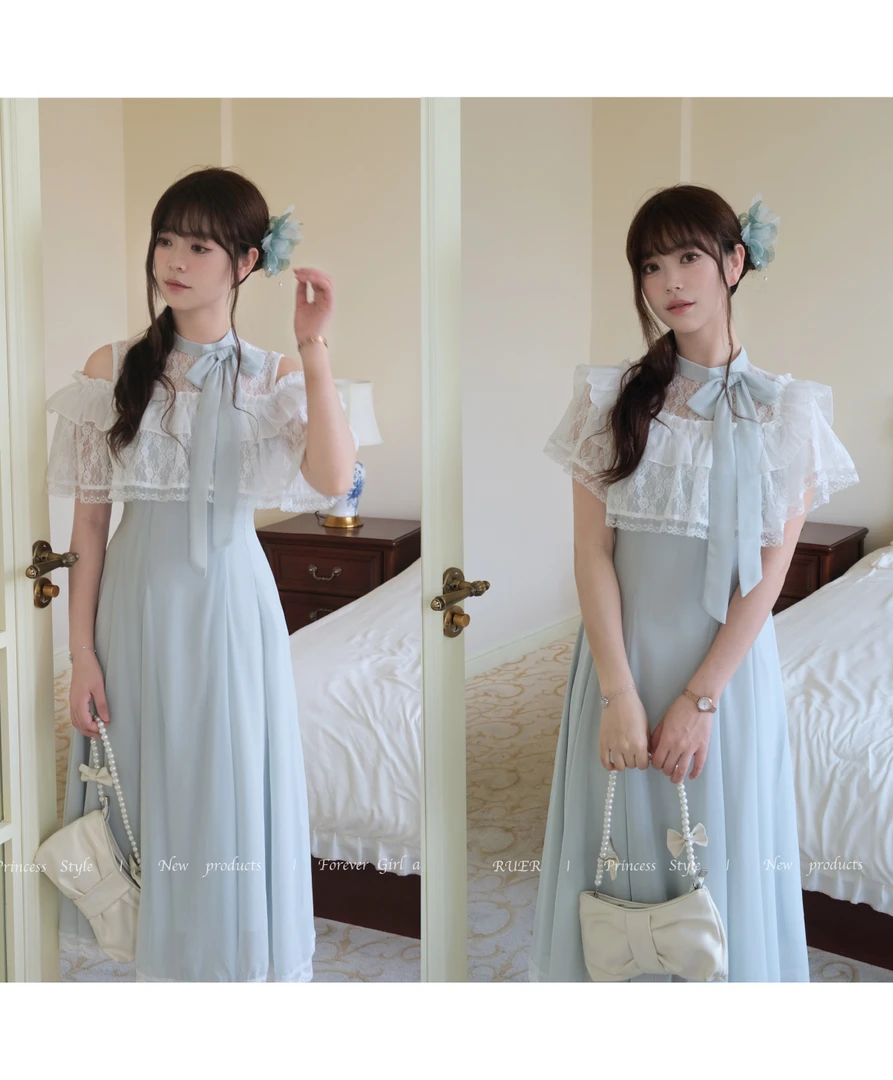 赵茹儿【清水黛】 优雅感水绿色清楚系长裙两穿蕾丝日系斗篷连衣裙