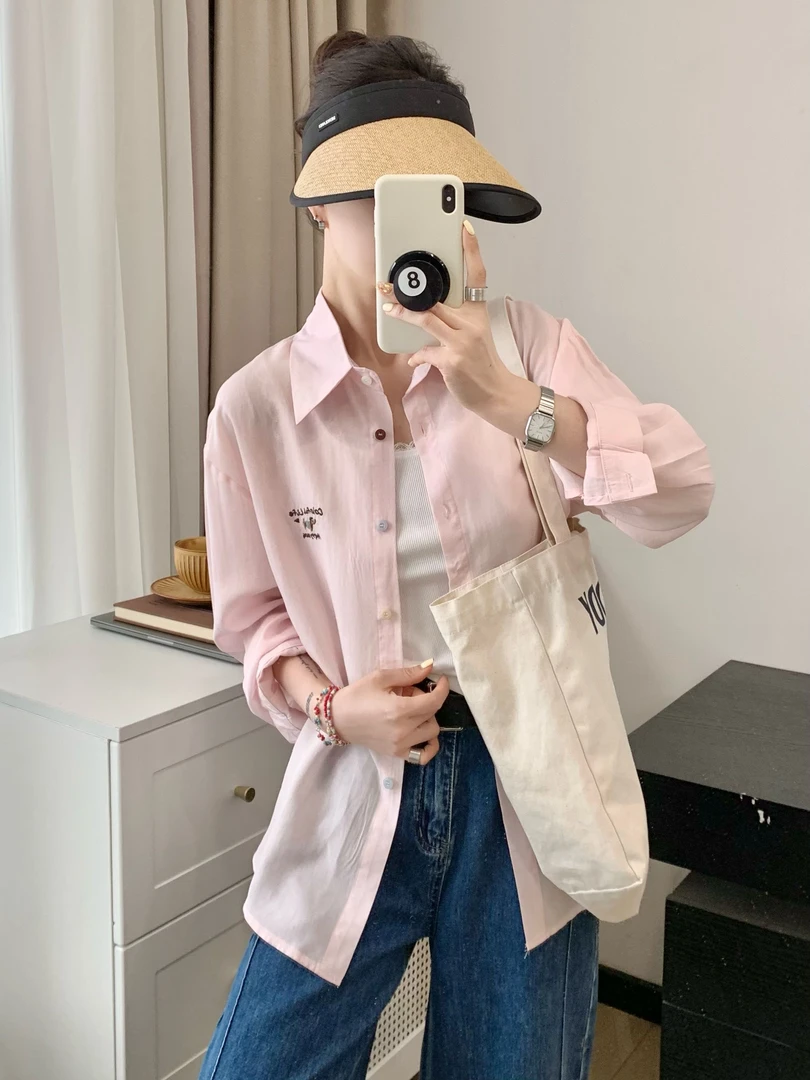薄款衬衫女装韩系简约刺绣长袖防晒衬衫
