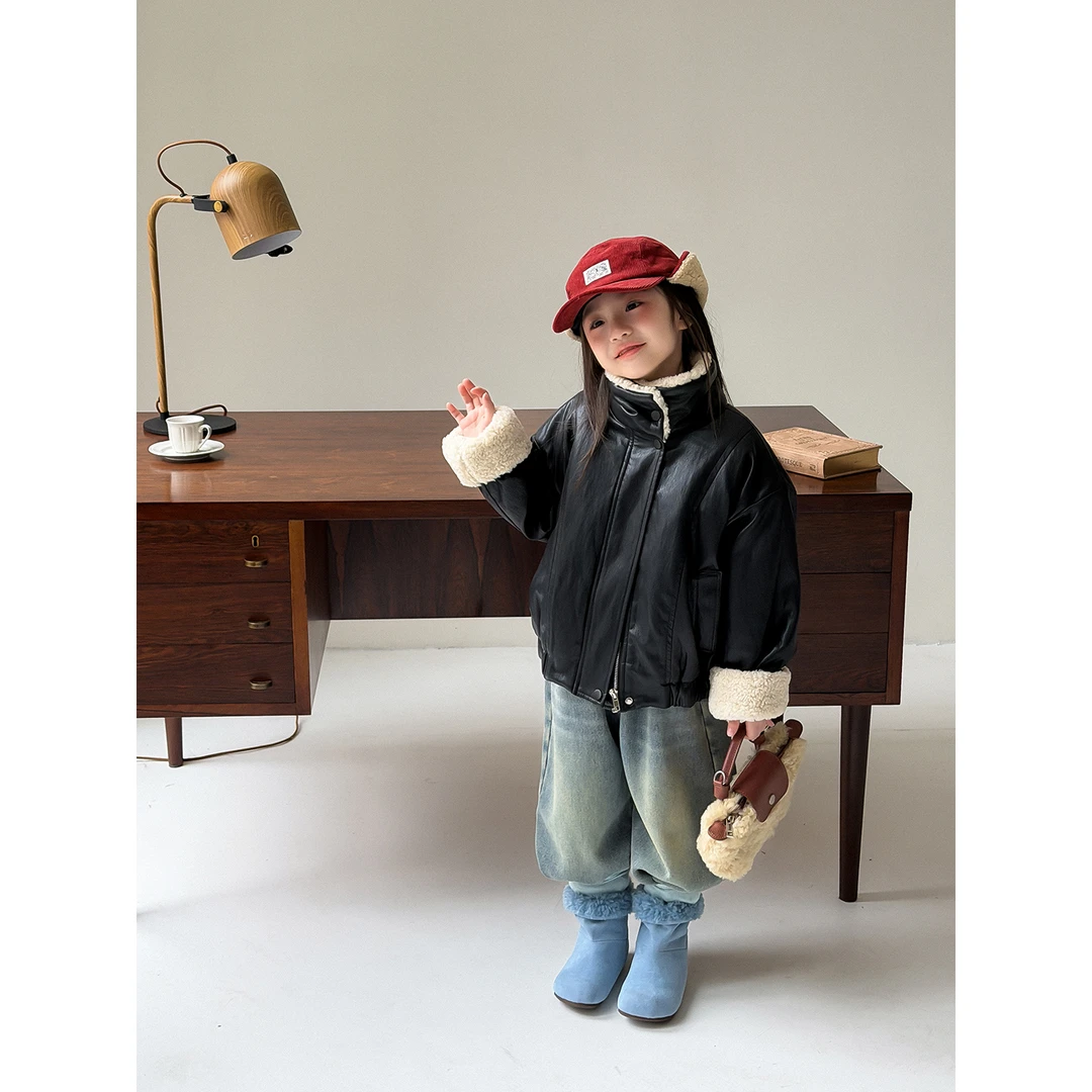 Harper kids 韩版冬季儿童加绒加厚拼接皮衣外套 H25A450996