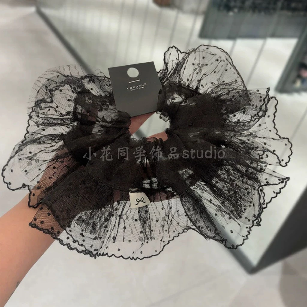 法式韩国发饰2025新款黑色纯白色蕾丝欧根纱圆点蝴蝶结发圈大肠圈