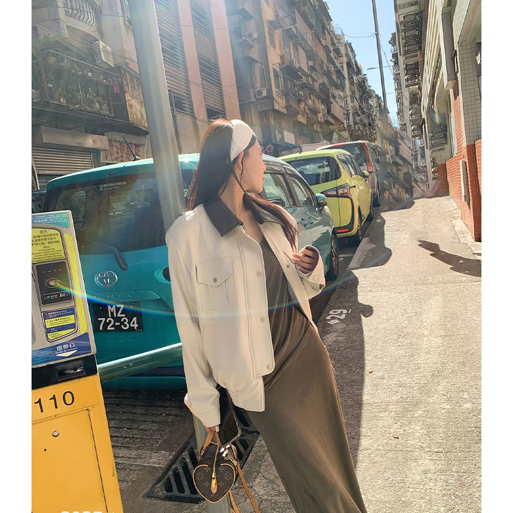 美式复古百搭宽松撞色翻领外套女秋季高级感巴恩风多口袋夹克上衣