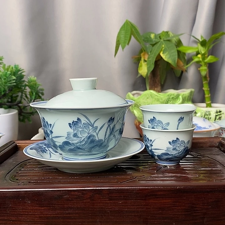 复古荷花盖碗200ml送两个杯子