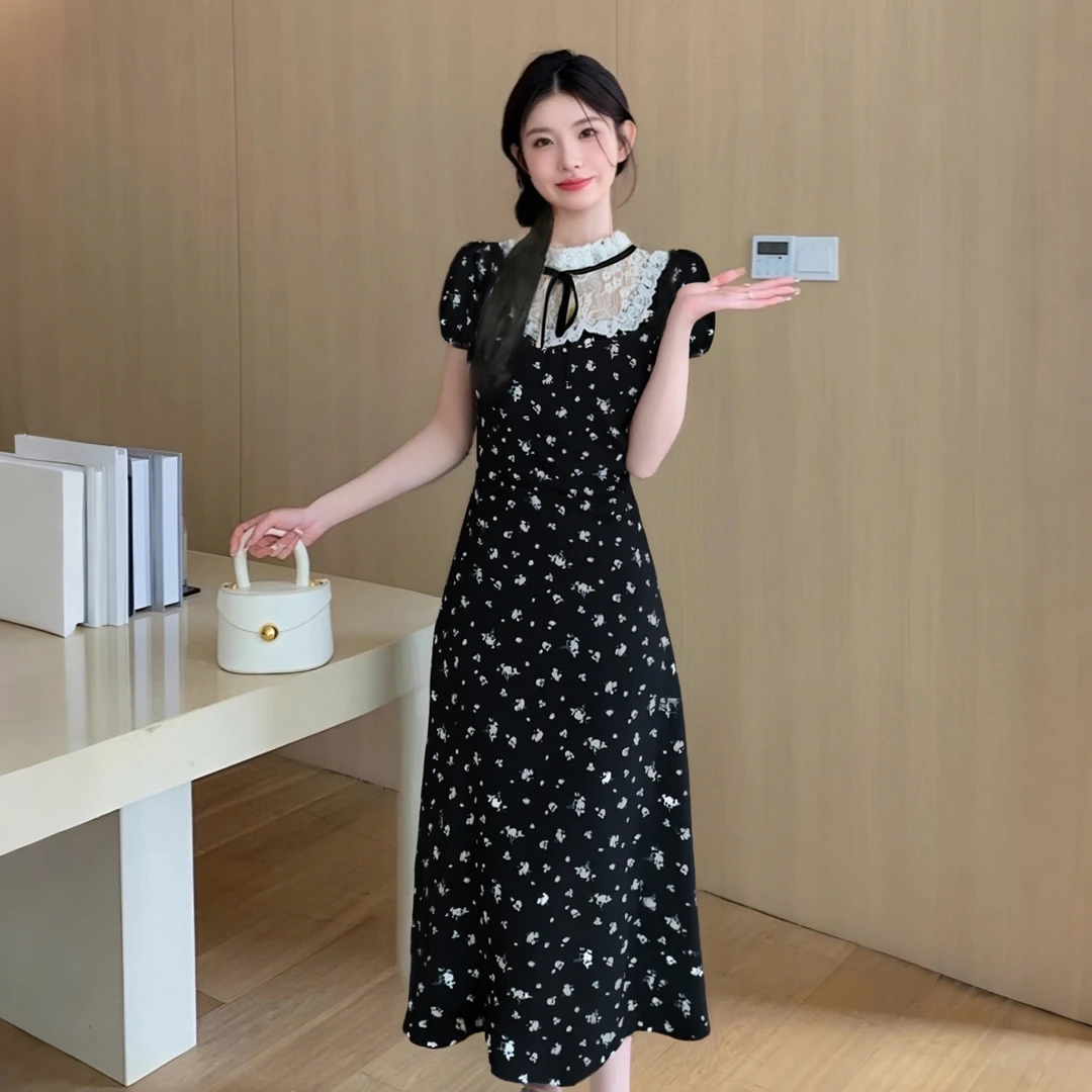 A有内衬法式茶歇拼接黑色碎花连衣裙收腰a字小黑裙少女短裙D1326