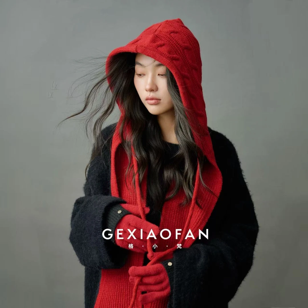 格小梵冬季巴拉克拉法帽复古帽子围脖一体针织帽子女韩版红色帽子