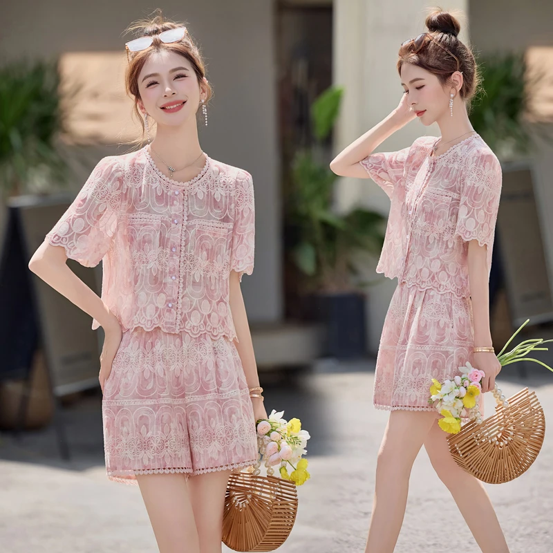 时尚套装洋气短裤上衣刺绣新中式地雷系甜辣千金风短袖蕾丝碎花