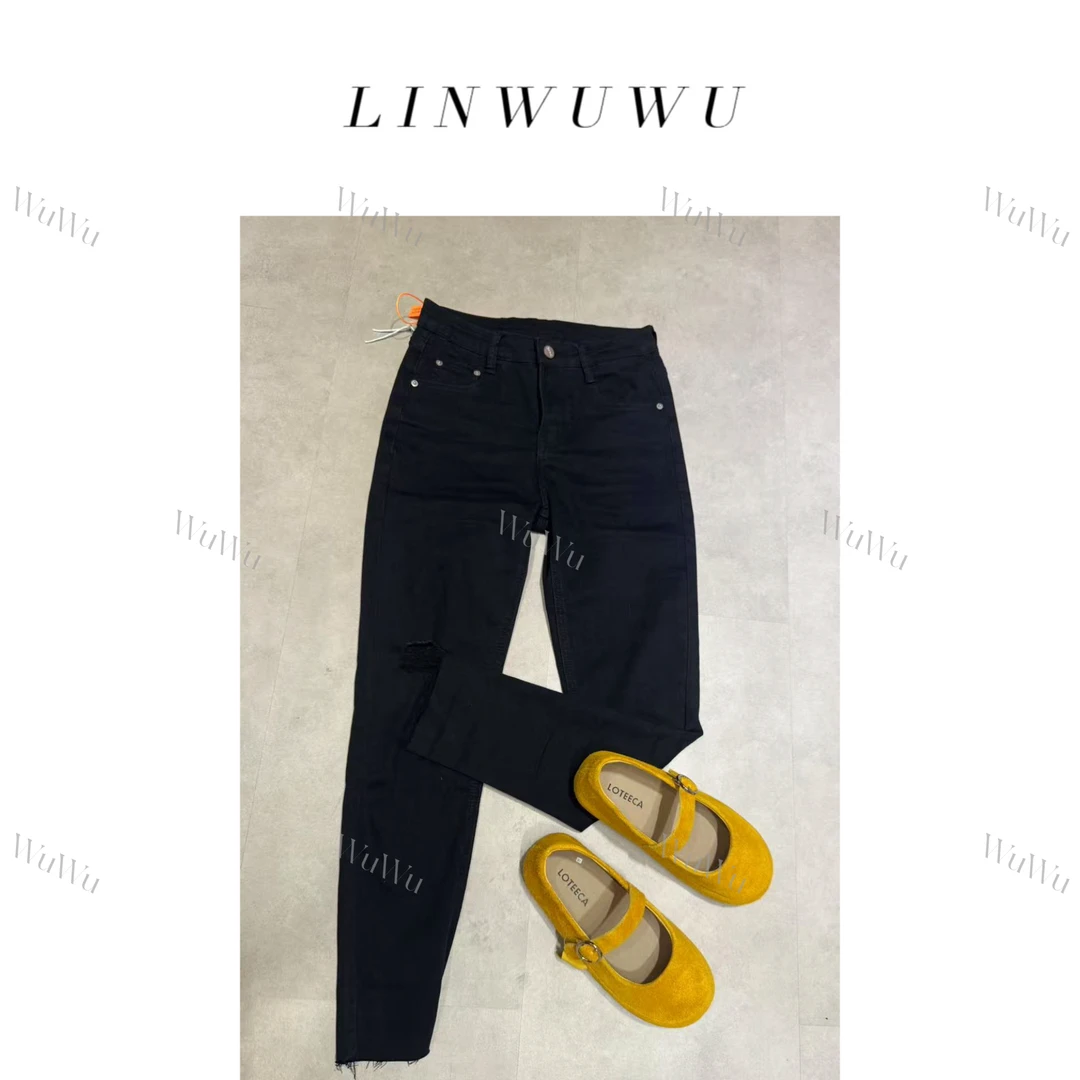 【五五定制】2025新款—春季百搭潮流纯色水洗贴皮小脚牛仔裤22502