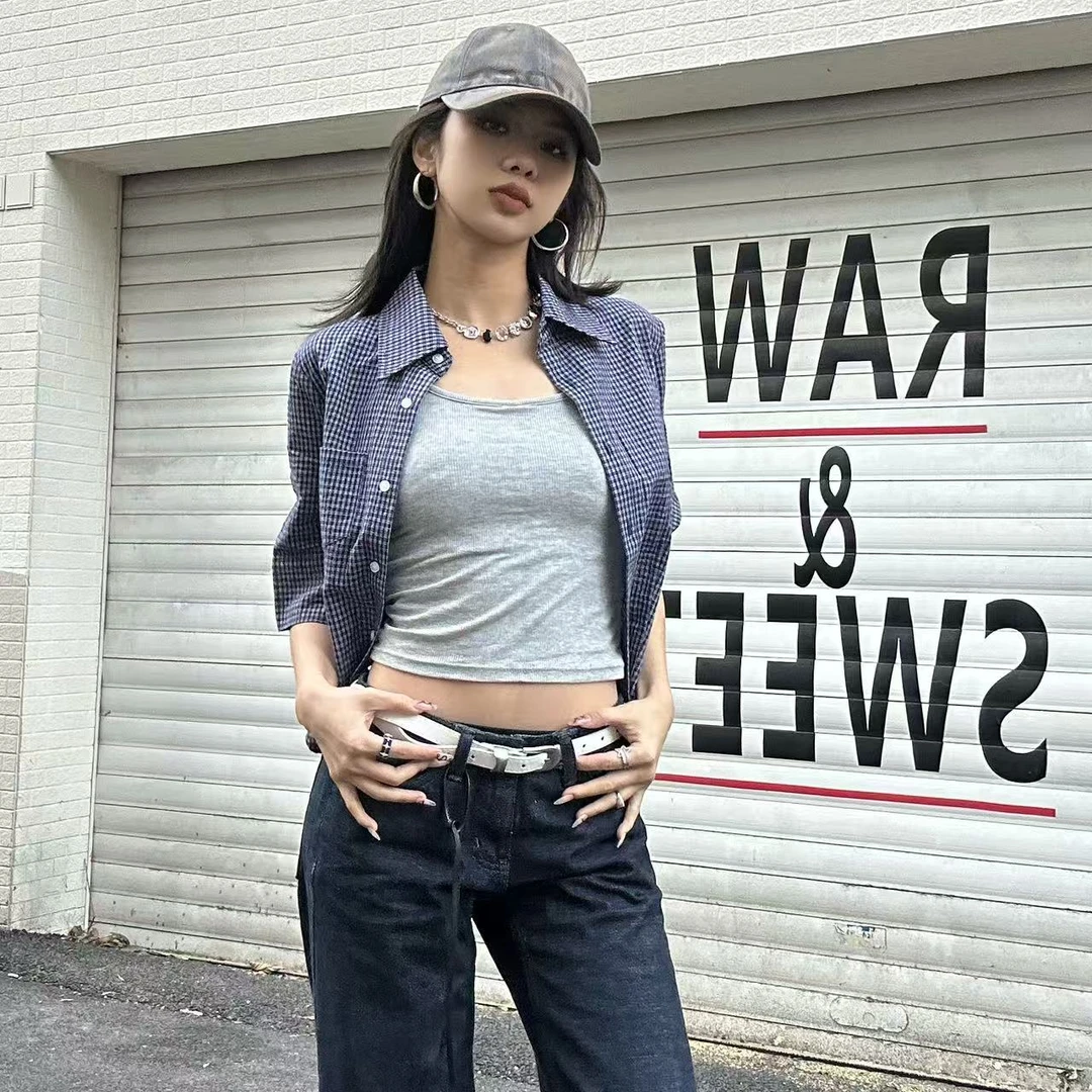 Pp【现现蓝格子衬衫】复古新款女休闲半袖宽松设计外搭叠穿S25111