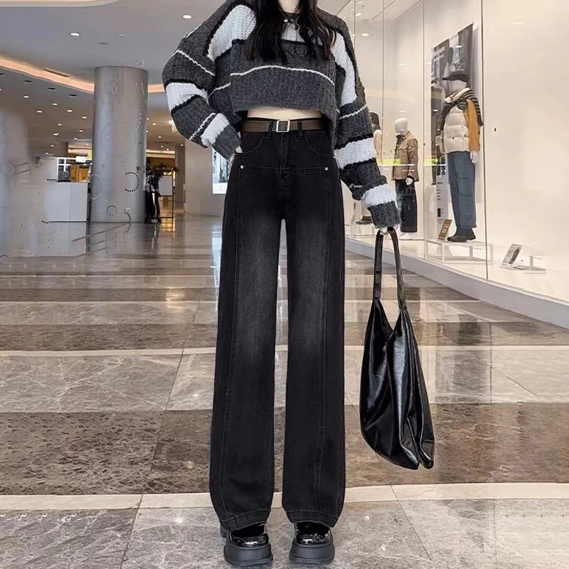 【加绒加厚】NN黑灰阔腿牛仔裤女2024冬新款拼接百搭宽松高腰显瘦