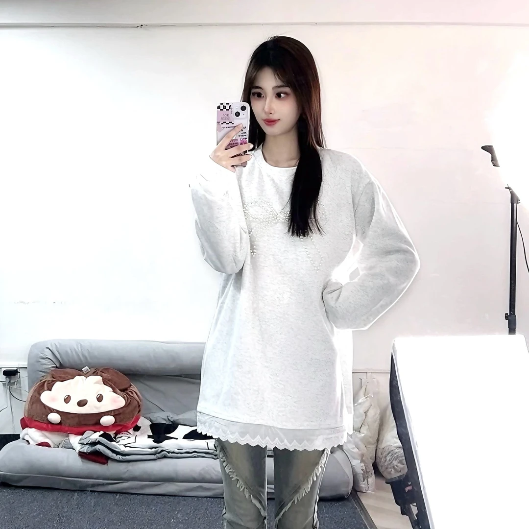 蝴蝶结蕾丝拼接加绒卫衣连衣裙女假两件上衣