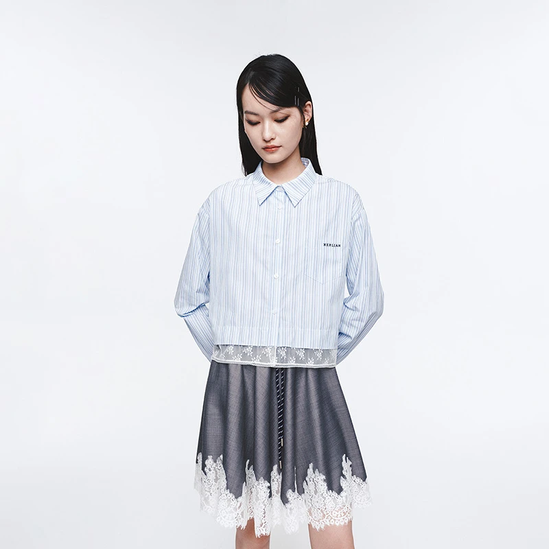 Herlian2025年蕾丝拼接条纹长袖衬衫女士花边衬衫polo上衣