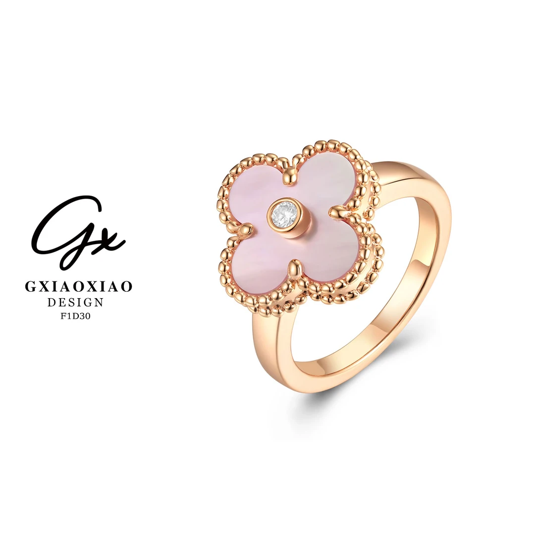 铜合金莫桑石戒指 莫桑石 镀K金 轻奢高级感粉色四叶戒指 F1D30