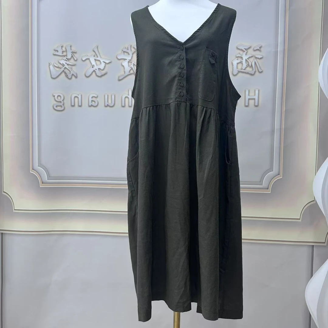 S8495 夏季无袖纽扣宽松背心连衣裙