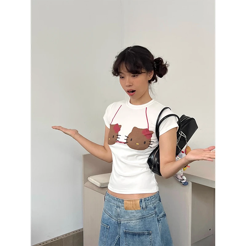 欧美复古黑皮Kitty正肩修身短袖上衣ins