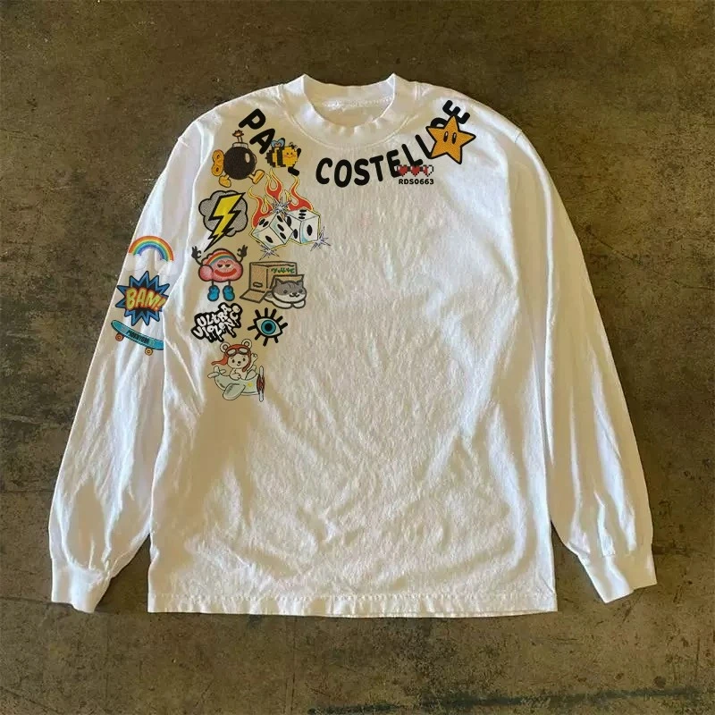 300克重磅！卡通动漫涂鸦印花美式复古T恤圆领长袖宽松小众打底衫