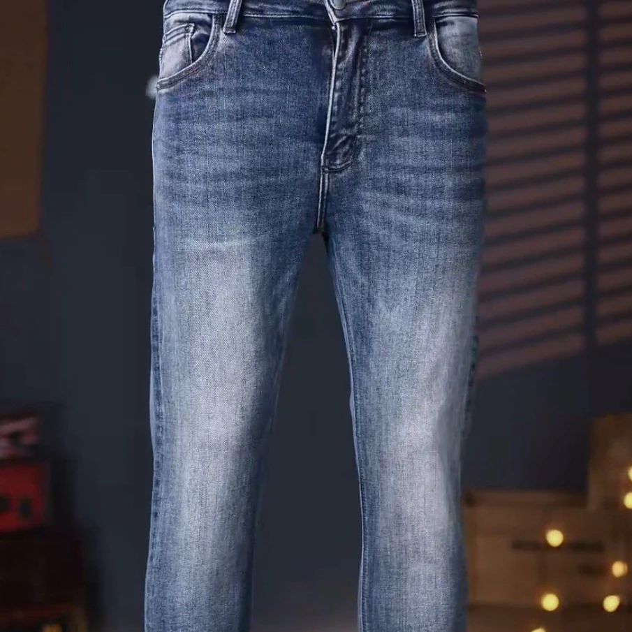 秋冬新款蓝色男牛仔裤子高端轻奢经典洗水修身轻奢中腰小脚裤