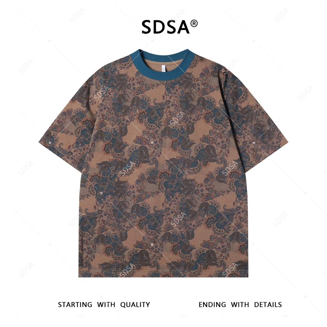 夏季高级感新款男士时尚花卉图案圆领短袖T恤宽松复古百搭上衣