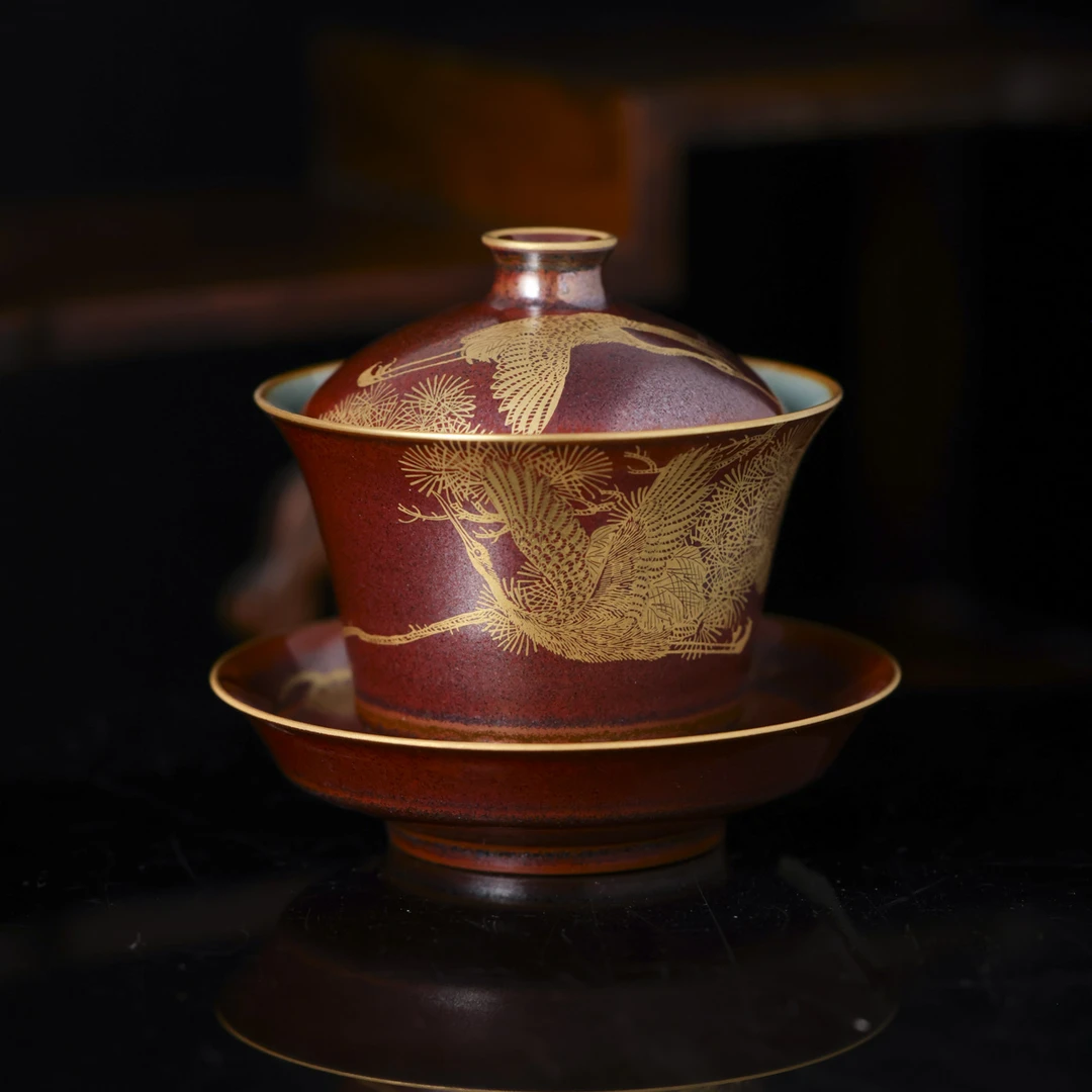 自慢堂-双如盖碗铁锈红松鹤-复古陶瓷中式