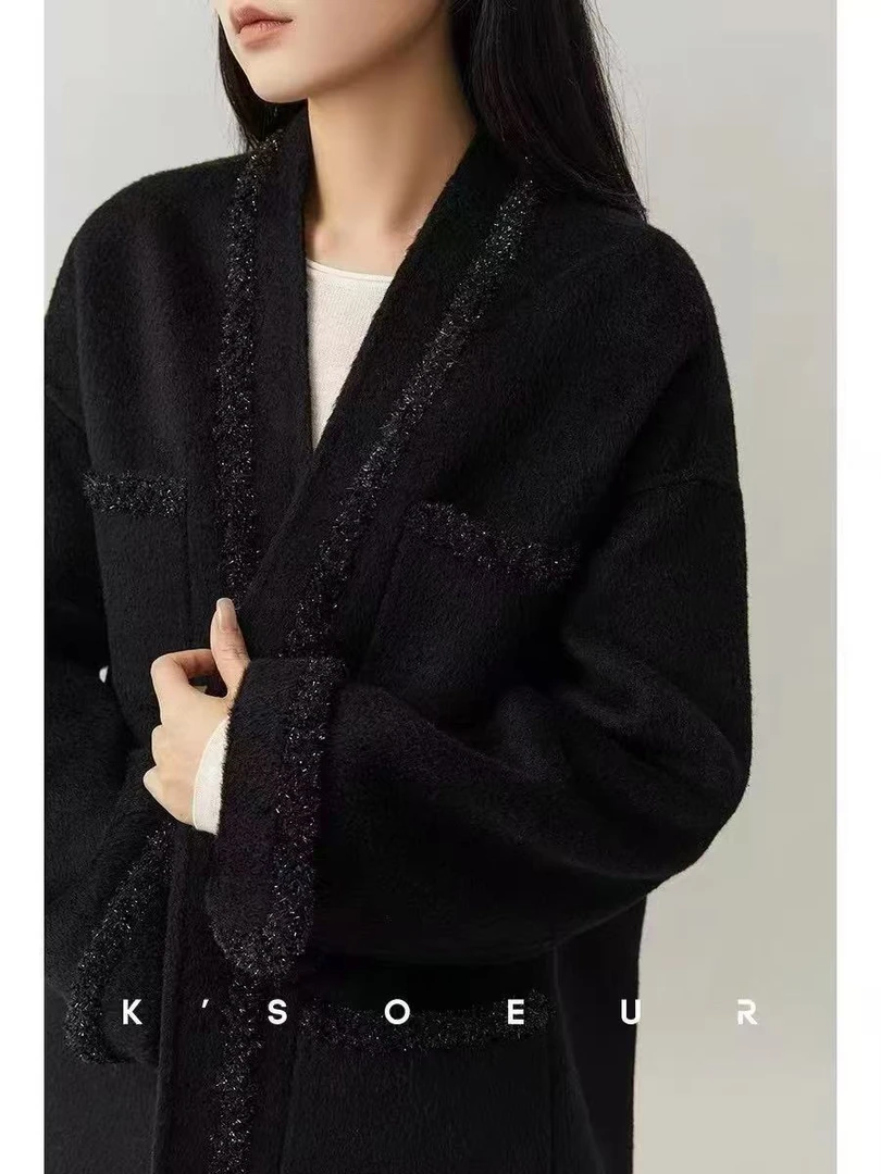 驼绒小香大衣双面呢中长款贵气质感无领门襟廓形外套女