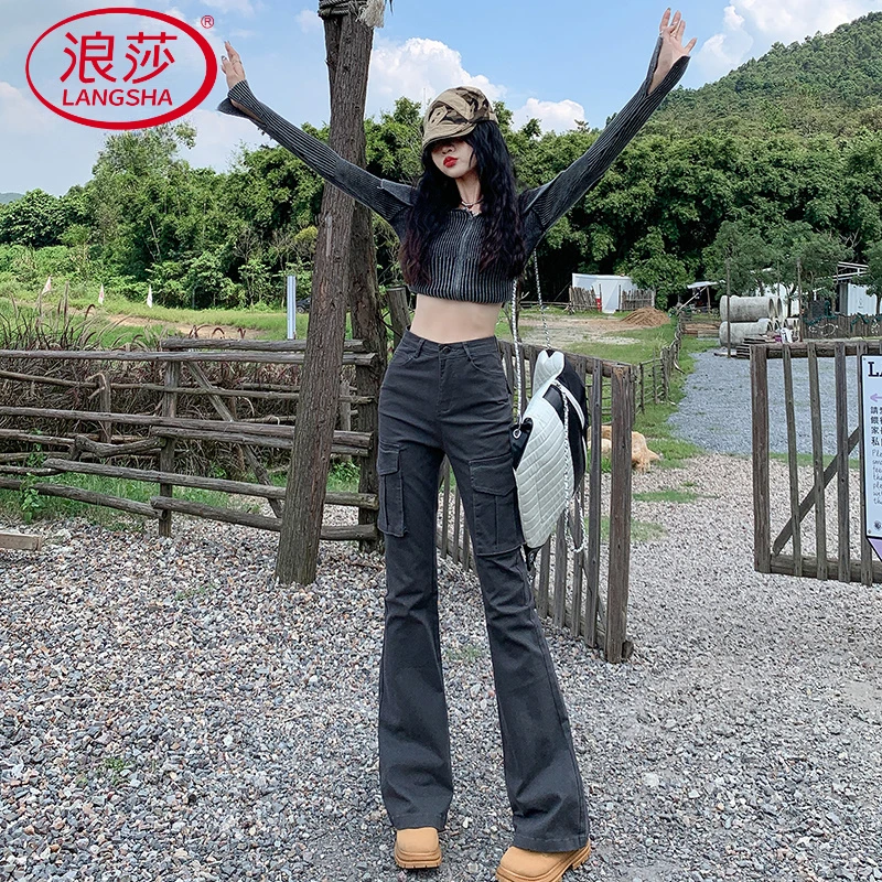 灰色微喇工装裤女秋冬2025新款美式复古高腰显瘦喇叭马蹄牛仔长裤