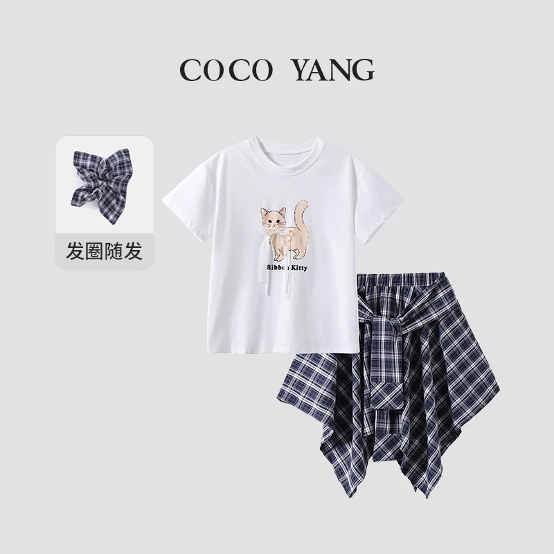 夏季女大童短袖套装设计感小众百搭半裙+休闲猫咪T恤-SU451
