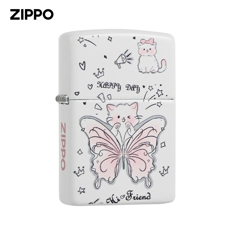 ZIPPO打火机蝴蝶猫咪白哑漆彩印防风煤油送男友女友礼物DYJ1