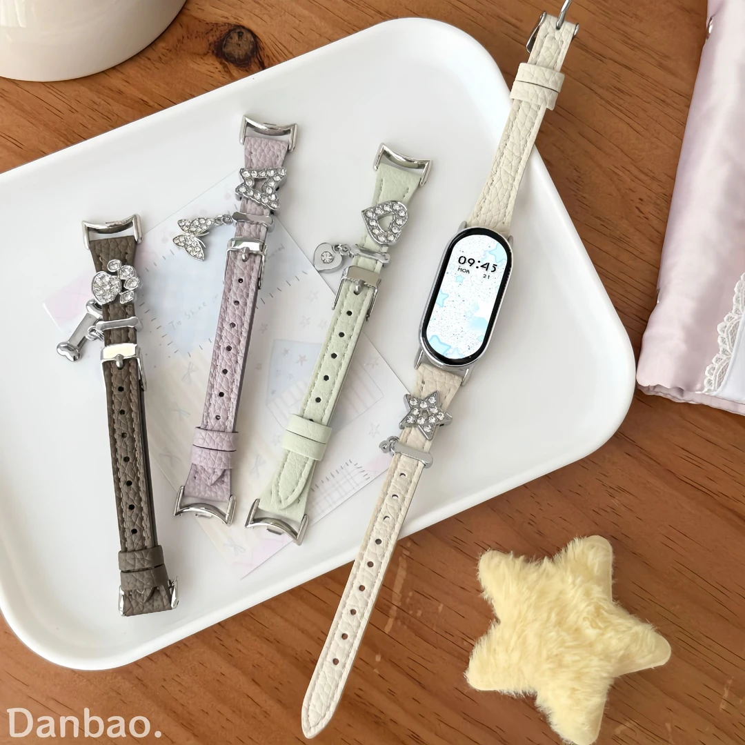 《细纹镶钻吊坠皮带》适用于小米手环10表带9pro皮质9荔枝纹高级8女