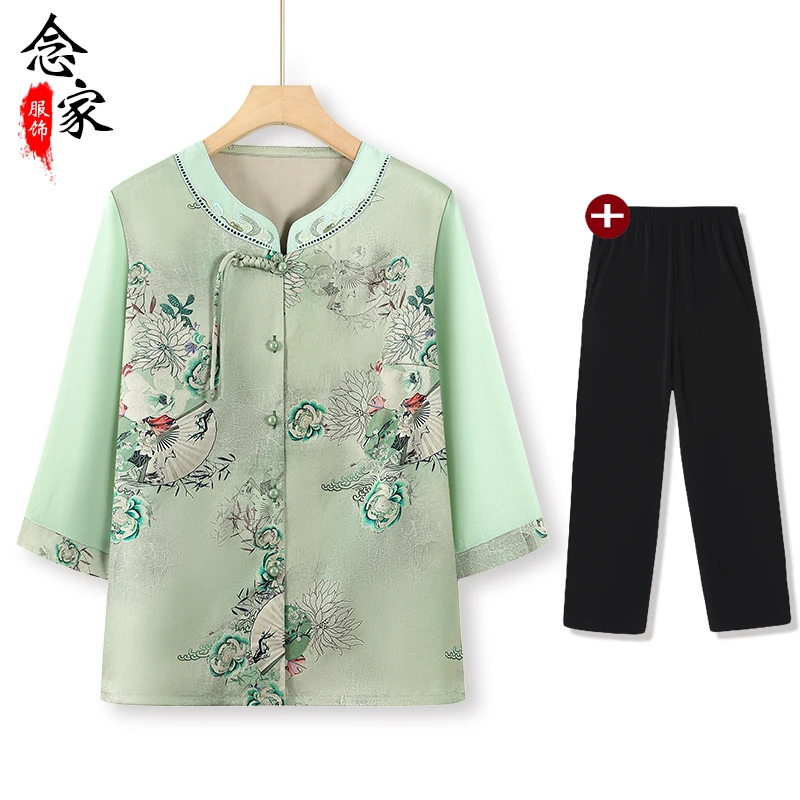 奶奶装夏季套装中老年人冰丝衬衫女国风气质妈妈衣服宽松半袖老人