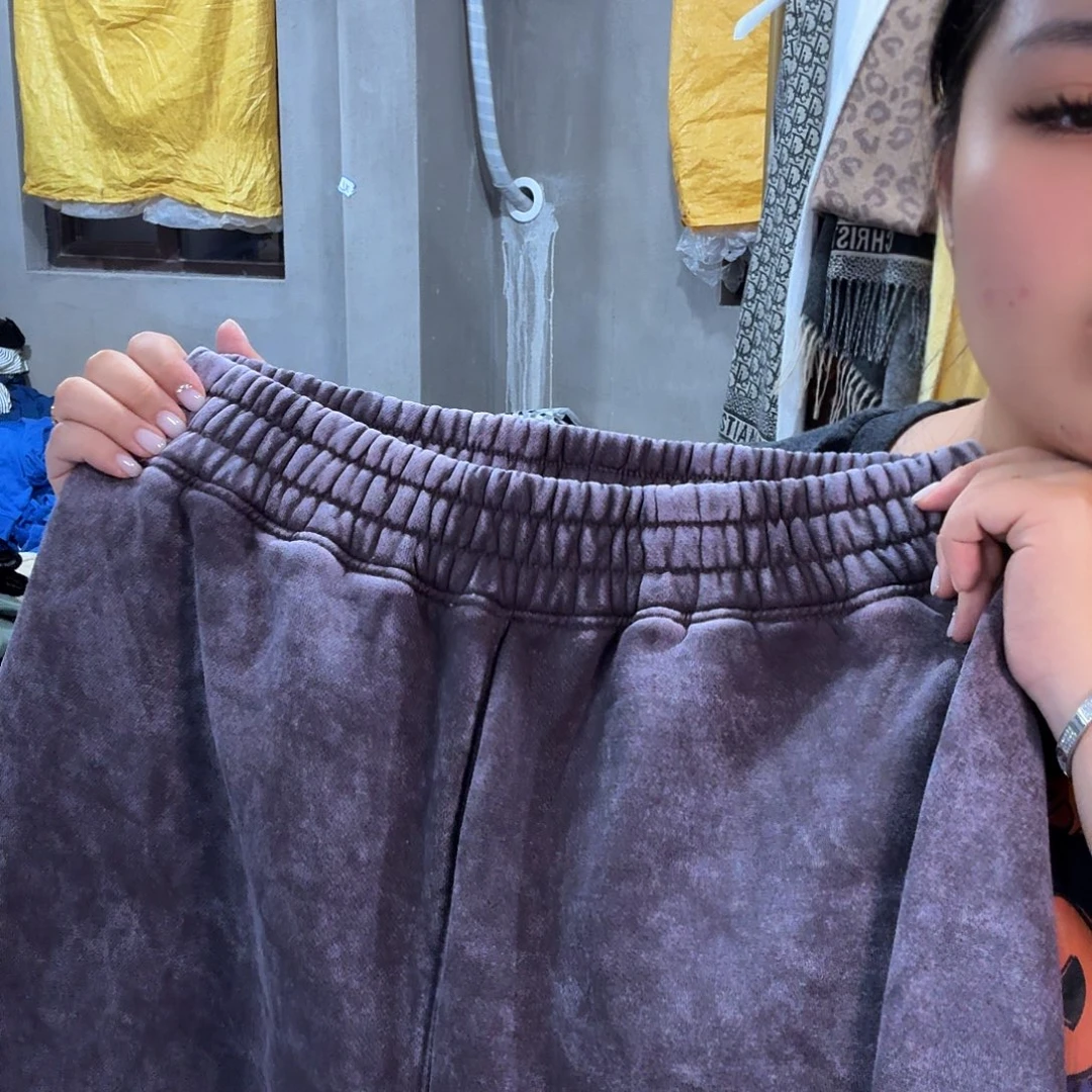 紫色水洗阔腿卫裤