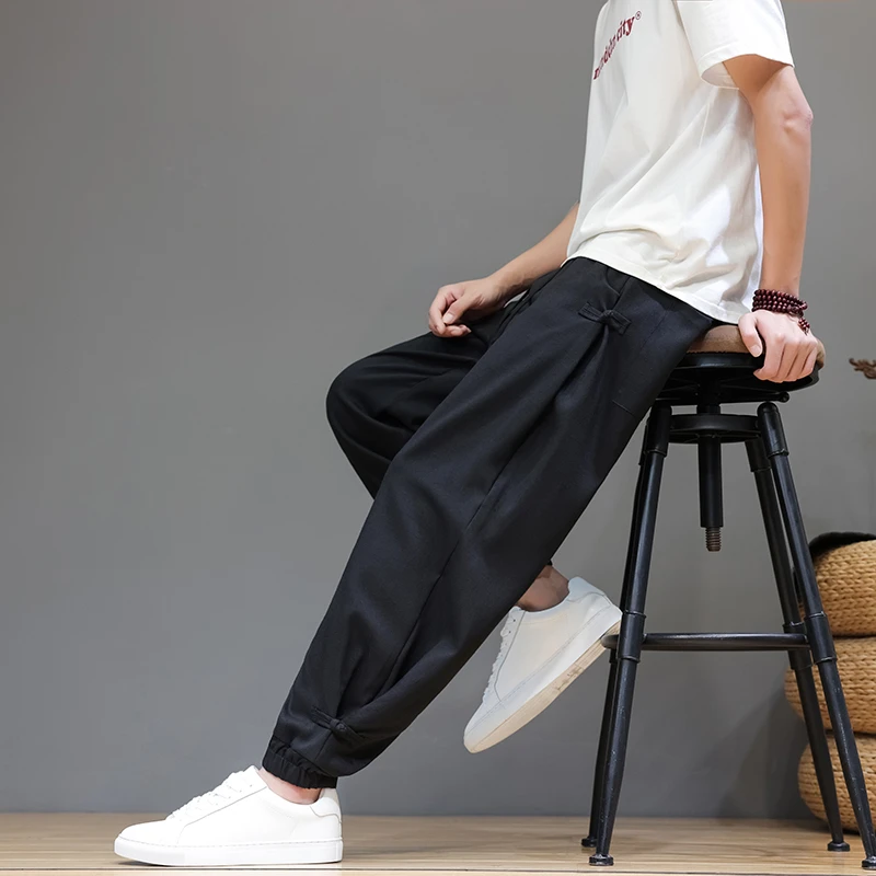 中国风夏季冰丝速干裤男士透气束脚运动裤新中式盘扣宽松休闲长裤