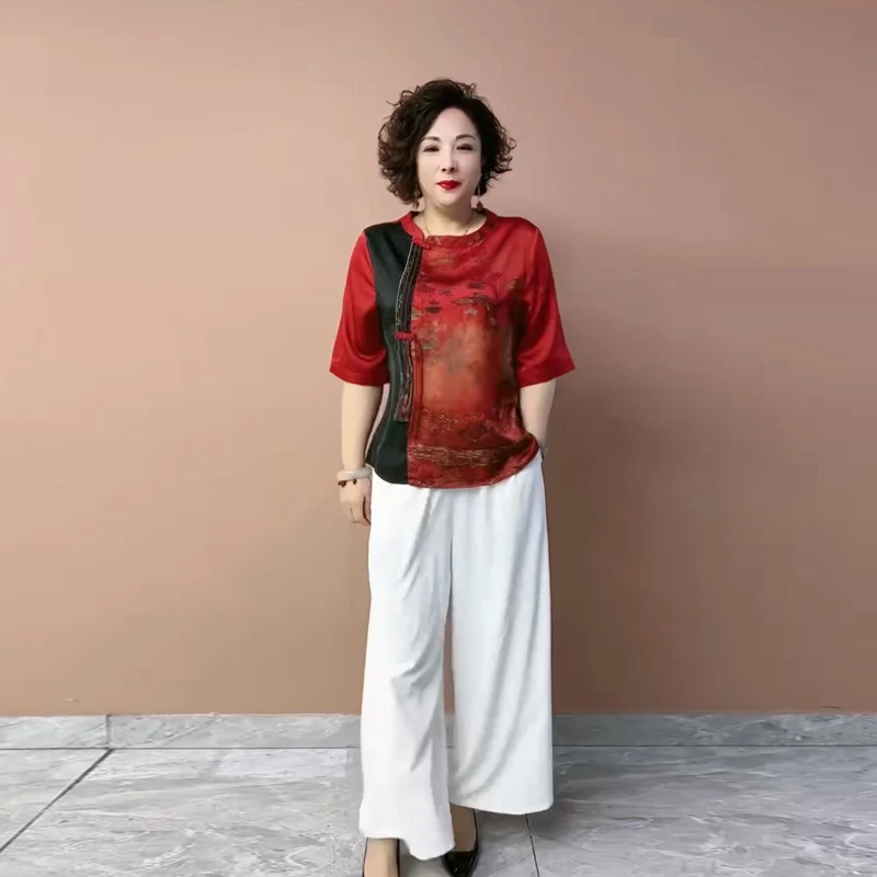 614春夏新款时尚妈妈装上衣中老年女装宽松显瘦七分袖衬衫女