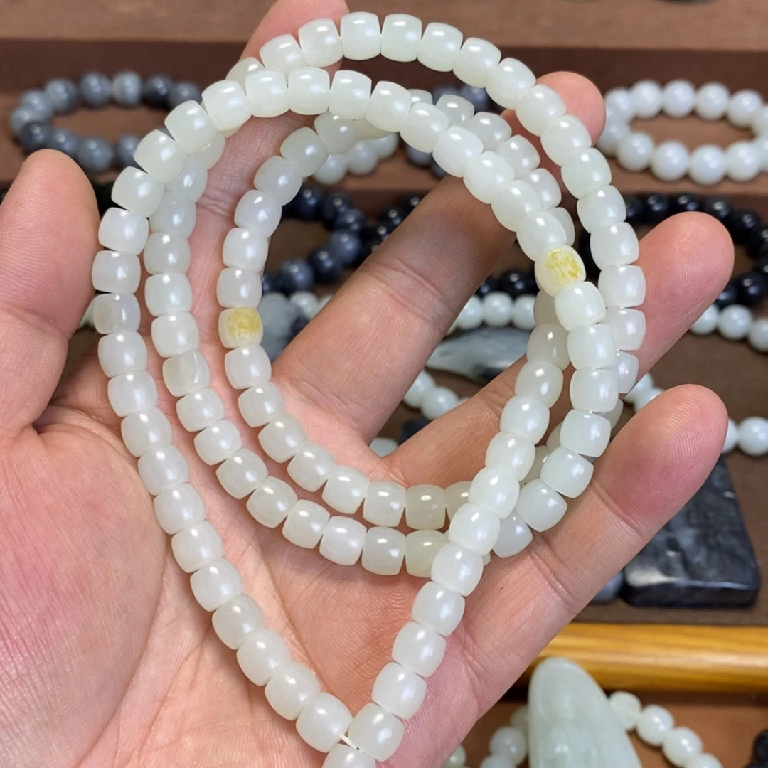 和田玉未镶嵌项链新疆和田玉洒金皮7×8子料108颗