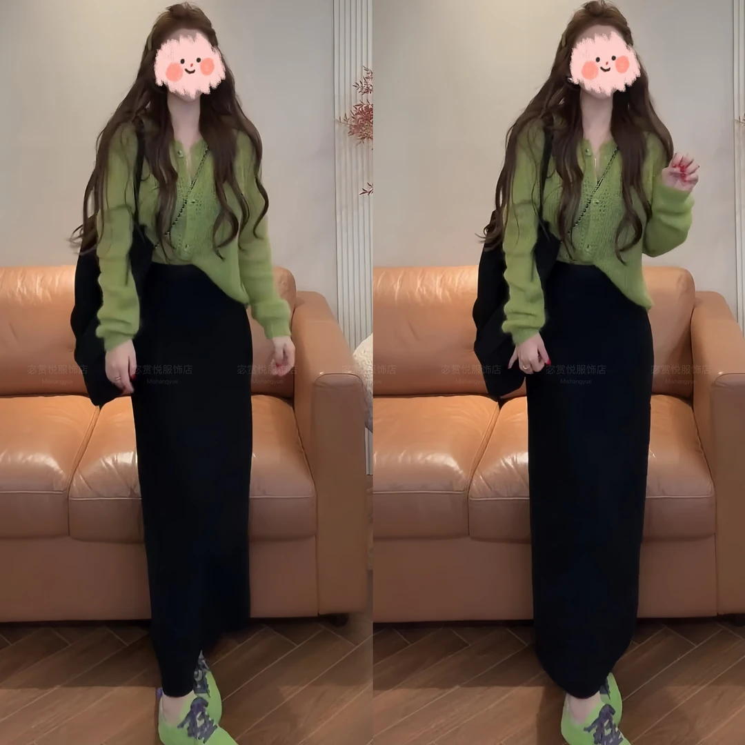2025早秋新款甜美温柔休闲风舒适显瘦开衫毛衣百搭后开叉长裙套装