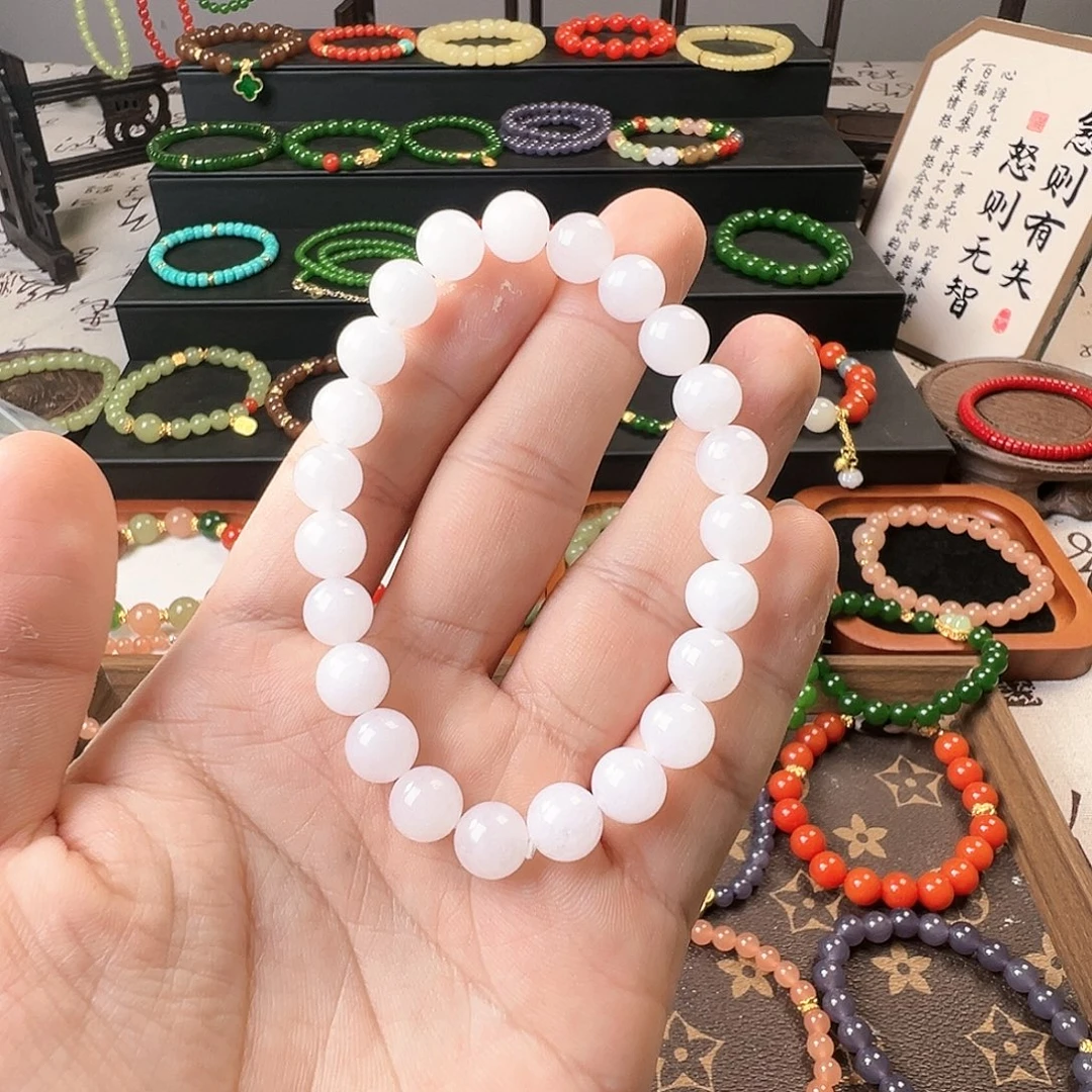 和田玉未镶嵌手链白玉8m'm素圈手串