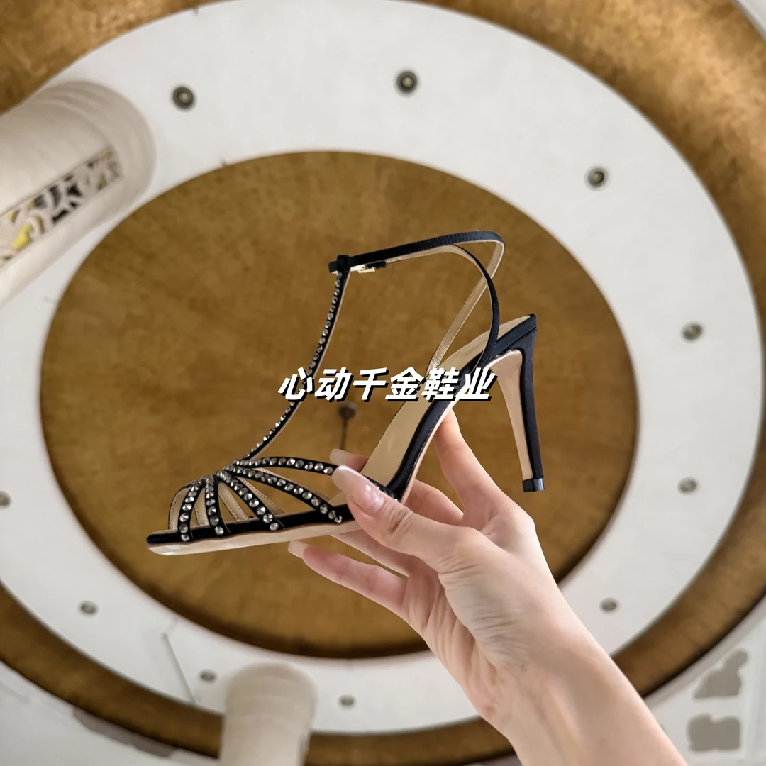 【顶版】水钻高跟鞋女黑色鱼嘴鞋性感水晶千金风细跟中古罗马凉鞋