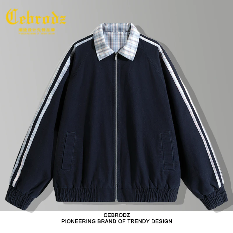 法国Cebrodz美式条纹双面穿夹克男秋季拼接格子蓝色外套男士上衣