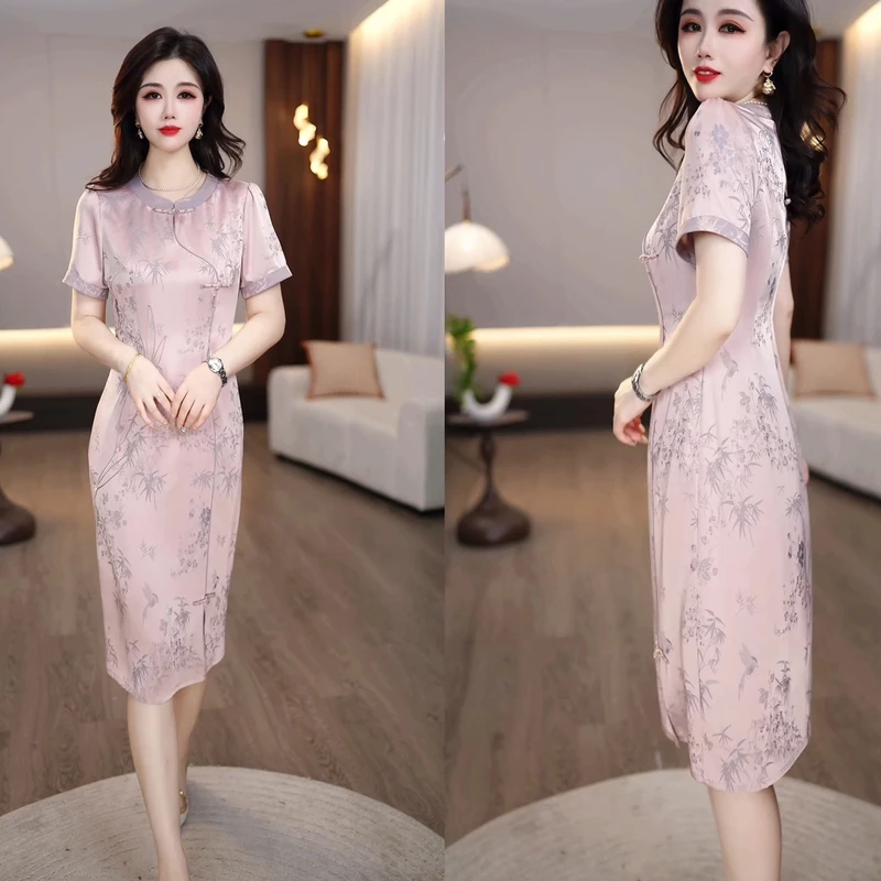 2025夏季新款粉紫色缎面提花新中式旗袍减龄显瘦气质连衣裙M-4XL