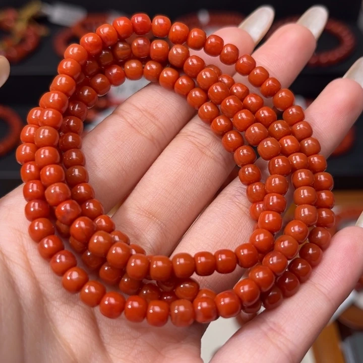 南红玛瑙未镶嵌手链满肉柿子红5mm老型多圈