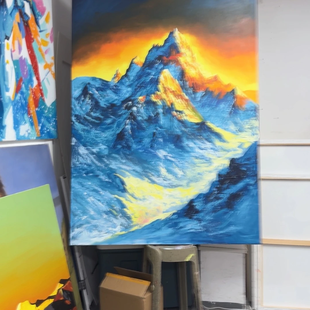 人***员丙烯画大树加框金山