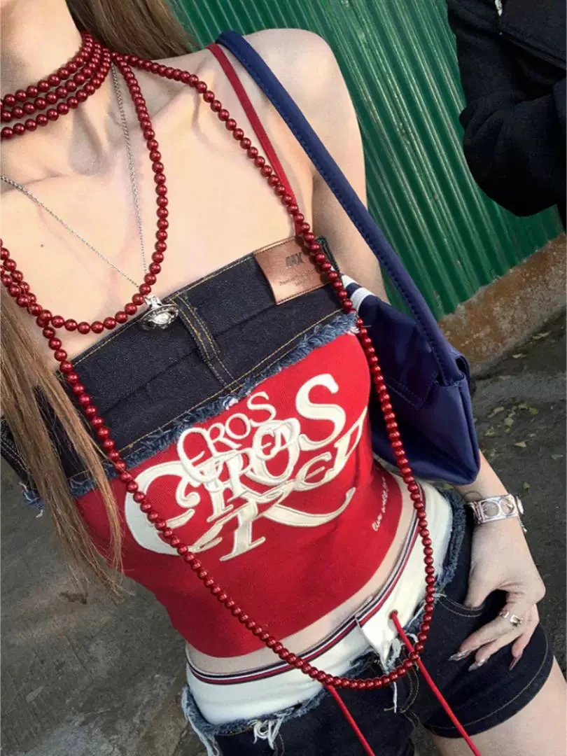 牛仔拼接吊带背心修身显瘦辣妹风吊带上衣夏季外穿