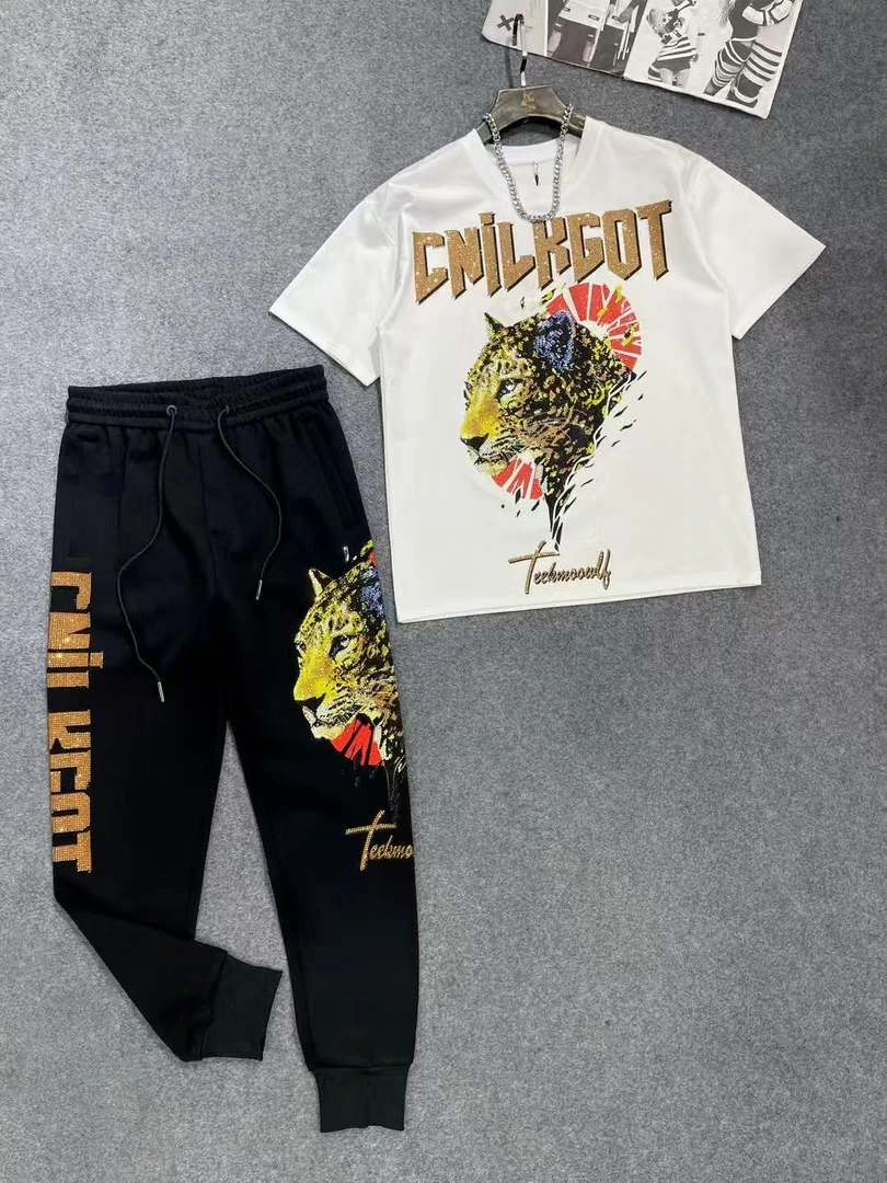 11916-17#潮牌烫钻字母豹小豹彩豹短袖T恤潮宽松韩版落肩半袖t恤