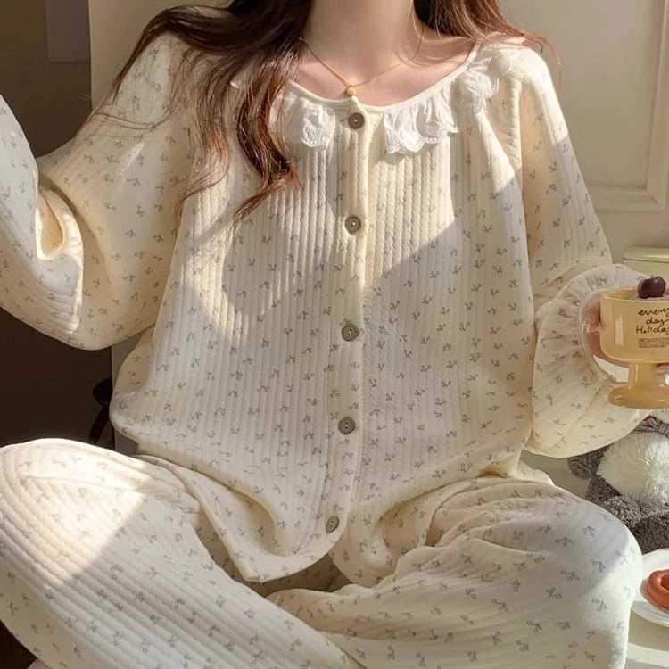 韩版夹棉睡衣女秋冬加厚保暖蕾丝碎花空气棉家居服大码套装可外穿