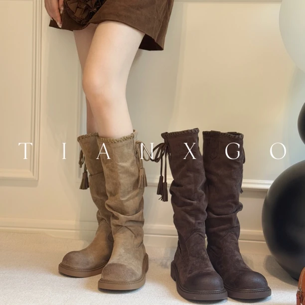 复古废土风流苏骑士靴粗跟不过膝长筒靴显瘦堆堆中筒靴女秋冬百搭