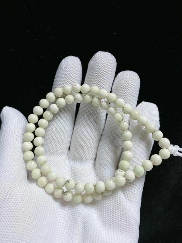 海南料原生态石玉料骨瓷白6×6圆珠数星星河豚双圈手持星月菩提